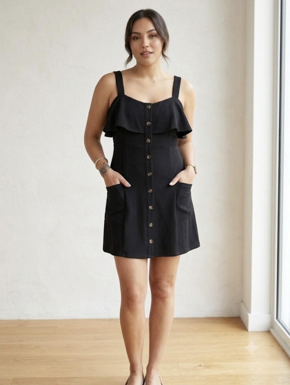 Rosie Harlow Women's Black Sleeveless Ruffle Dress w Pockets XXS NWOT